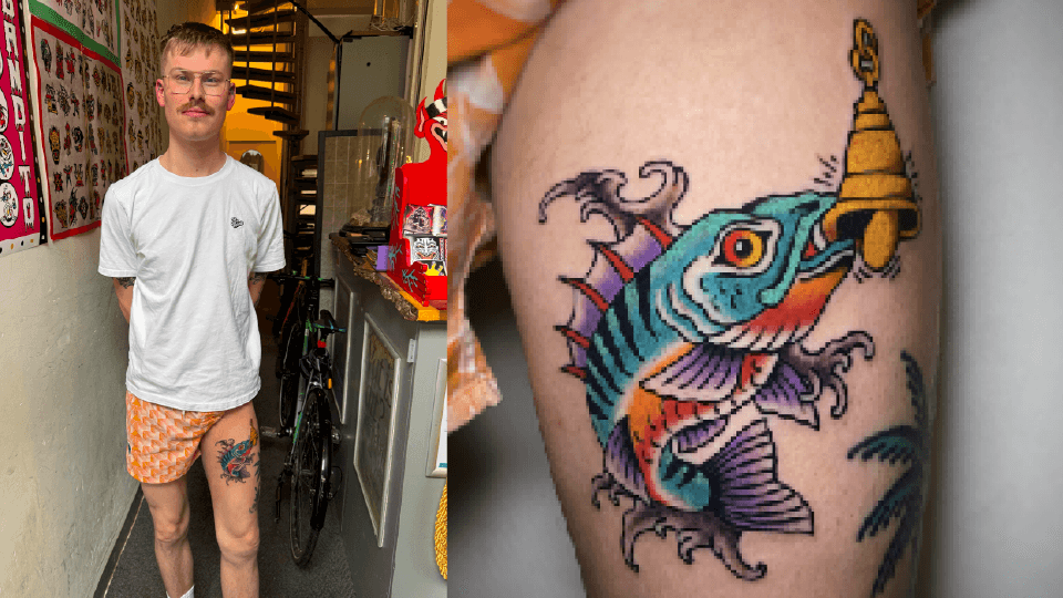 Maarten Florie shows a Fish Doorbell tattoo of a perch ringing a bell on the left thigh.
