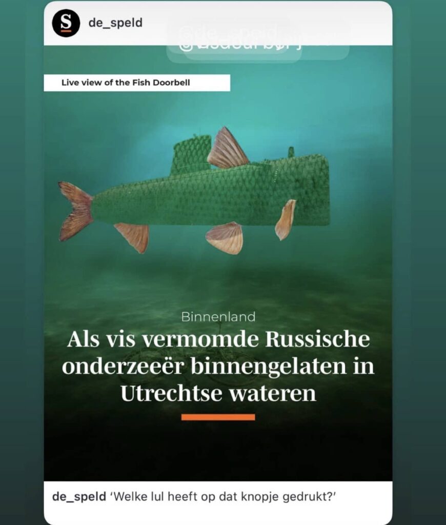 Screenshot of an Instagram post by satirical news site De Speld with the text: “Russian submarine disguised as a fish enters Utrecht waters